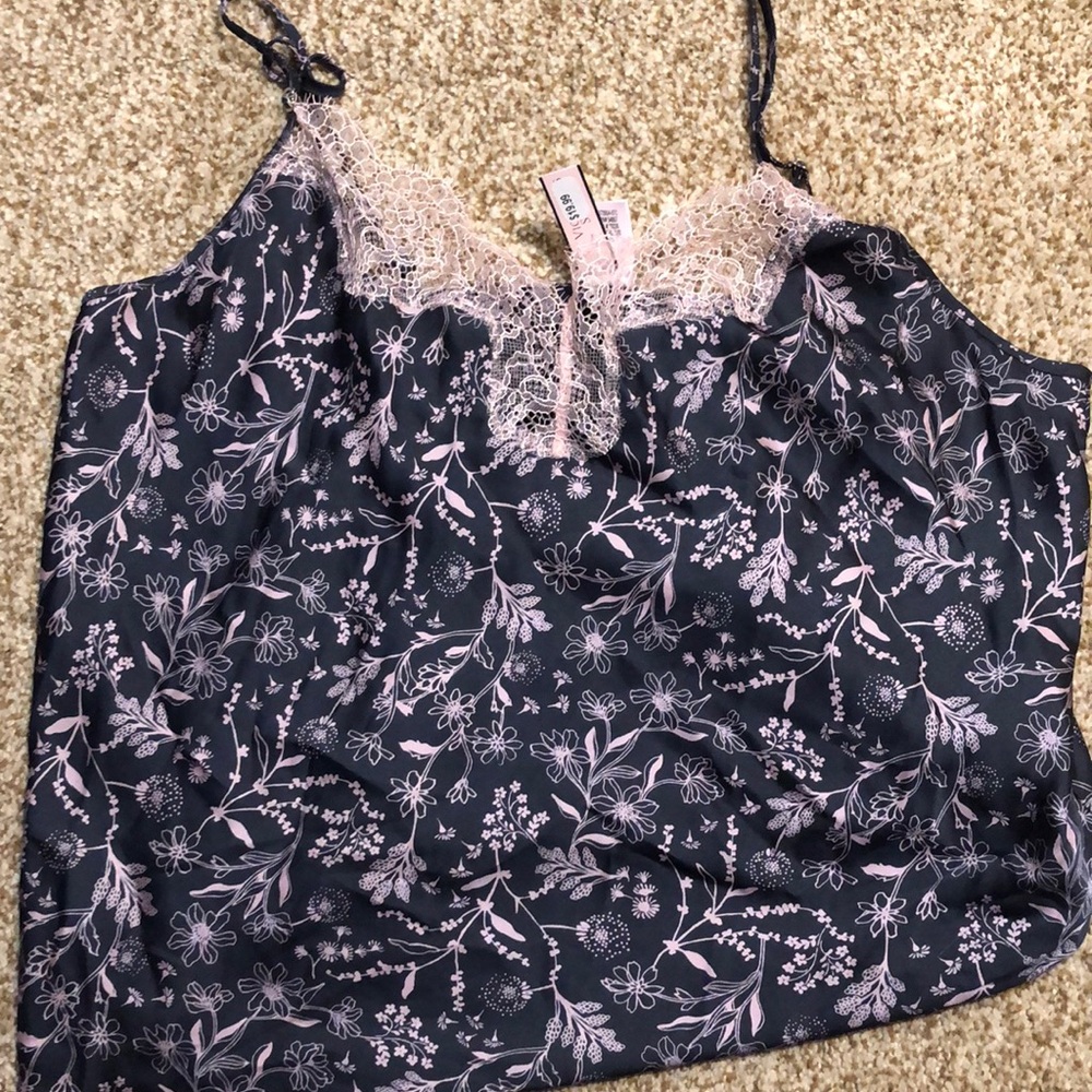 Victoria's Secret Black Camisole with Light Pink Floral Print and Lace Trim